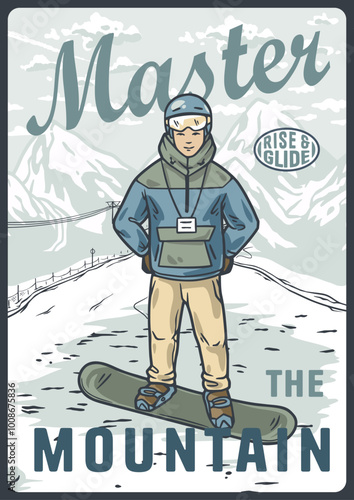 Snowboarder stands proudly on a snowy mountain, ready to carve down the slopes, embracing the thrill of this extreme sport with freedom and adventure