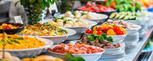 A vibrant display of various catering dishes including fresh vegetables, sushi, and garnished bites, beautifully arranged on black trays.