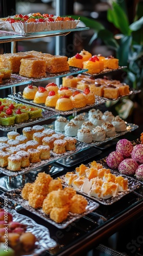 A vibrant display of assorted desserts arranged neatly on shelves, showcasing colorful sweets and pastries perfect for any occasion.