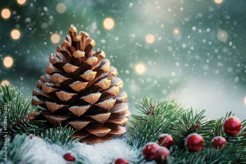 Christmas pine cone surrounded by festive greenery and red berries Christmas pine cone surrounded by festive greenery and red berries