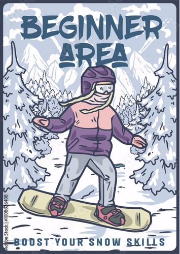 Young woman is snowboarding on a snowy slope in the mountains, enjoying the fresh powder and winter scenery at a beginner area