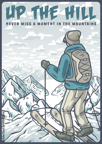 Skier standing on a mountain top, enjoying the view of a range of snowy peaks under a cloudy sky. This illustration evokes the beauty and thrill of winter sports