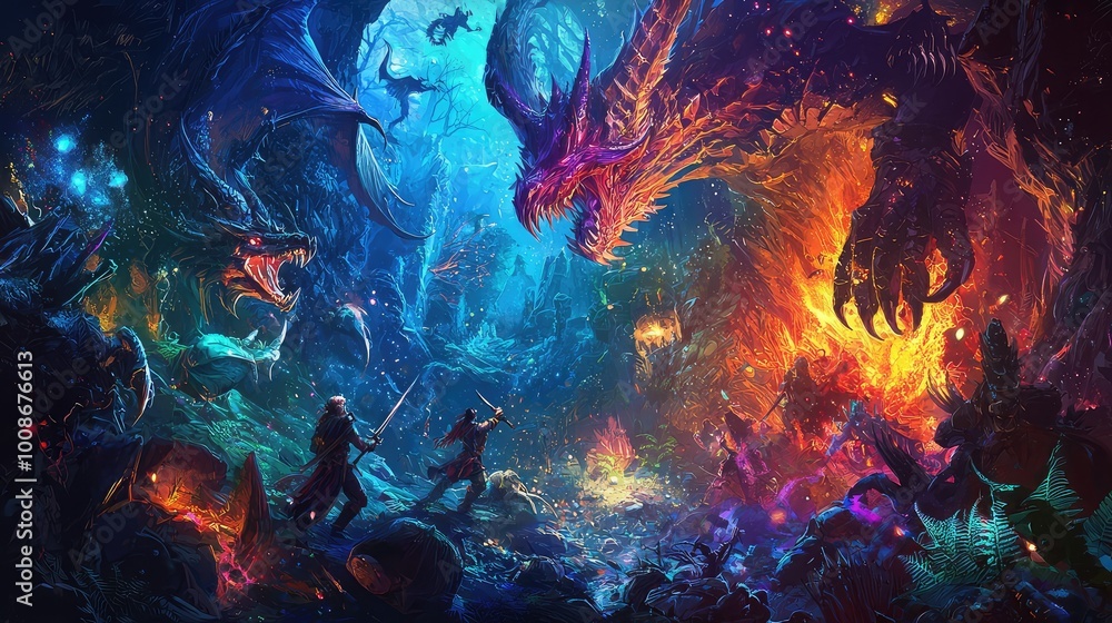 A vibrant fantasy scene featuring a fierce dragon, mystical creatures, and brave warriors in an epic showdown. A vibrant fantasy scene featuring a fierce dragon, mystical creatures, and brave warriors in an epic showdown.