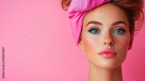 A woman exuding classic beauty wears a pink headband, with striking blue eyes on a soft pink background, representing femininity, poise, and timeless elegance.