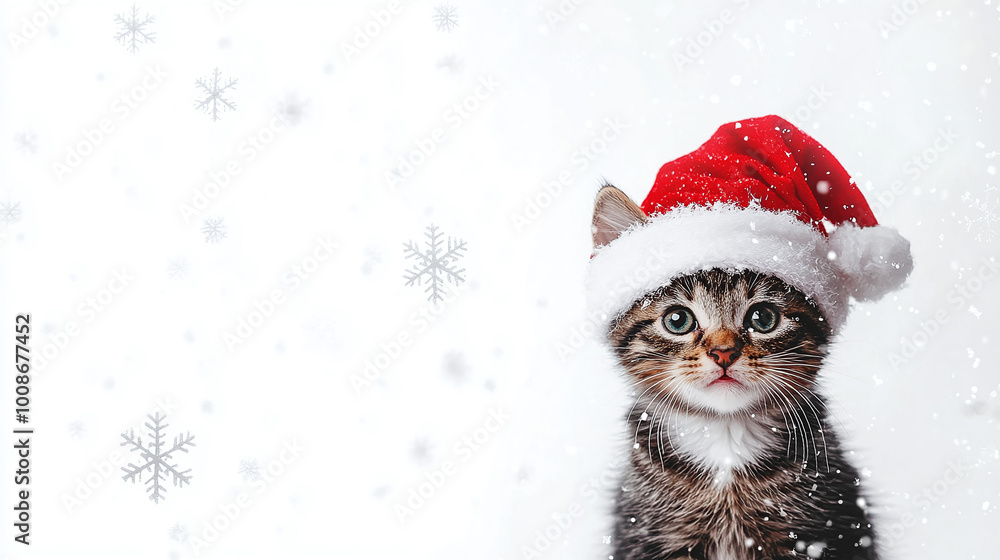 Kitten on a white background. Happy New Year. Merry Christmas. Web banner. Copy space. Cat in a Xmas red hat. Snowflake Kitten on a white background. Happy New Year. Merry Christmas. Web banner. Copy space. Cat in a Xmas red hat. Snowflake