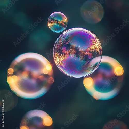 Close-up of delicate soap bubbles reflecting light and colors in a serene environment