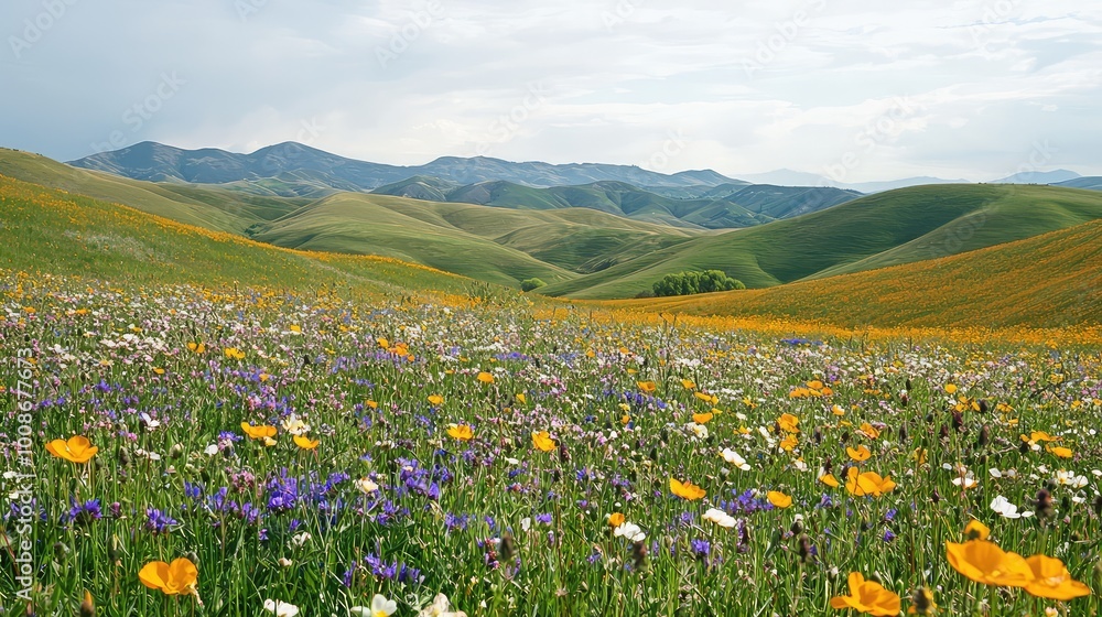 A vibrant landscape featuring rolling hills covered in colorful wildflowers under a cloudy sky, perfect for nature lovers. A vibrant landscape featuring rolling hills covered in colorful wildflowers under a cloudy sky, perfect for nature lovers.