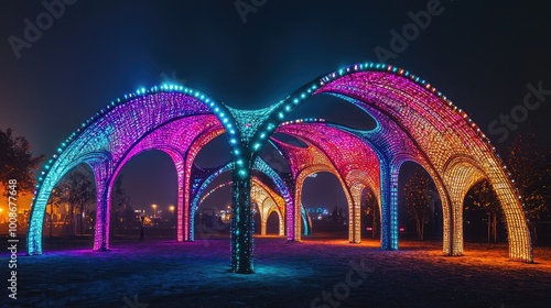 A vibrant light installation featuring colorful arches at night, creating a stunning visual display in an outdoor setting.