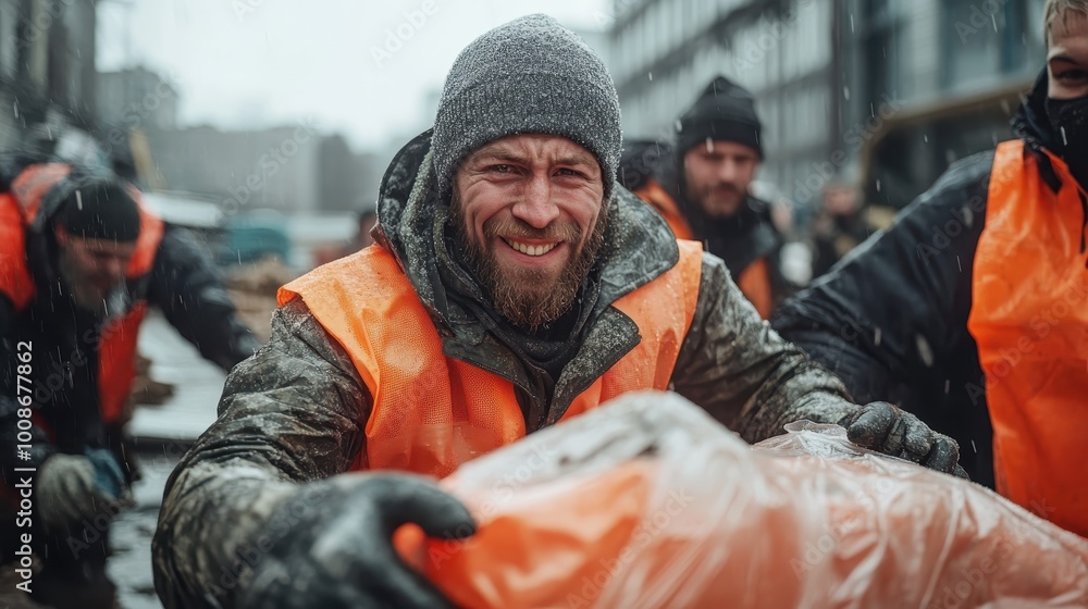 In snowy weather conditions, joyful workers wear bright orange safety vests, illustrating teamwork and resilience while they contribute positively to their community’s welfare. In snowy weather conditions, joyful workers wear bright orange safety vests, illustrating teamwork and resilience while they contribute positively to their community’s welfare.