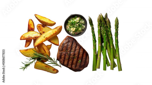 Grilled steak with potato wedges, asparagus, and herb sauce on Transparent Background