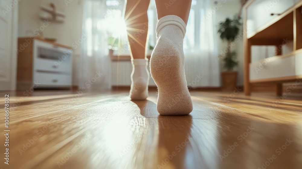 Fototapeta premium A person walks on a sunlit wooden floor, conveying a sense of comfort, warmth, and everyday serenity in a tranquil home atmosphere with glowing natural light.