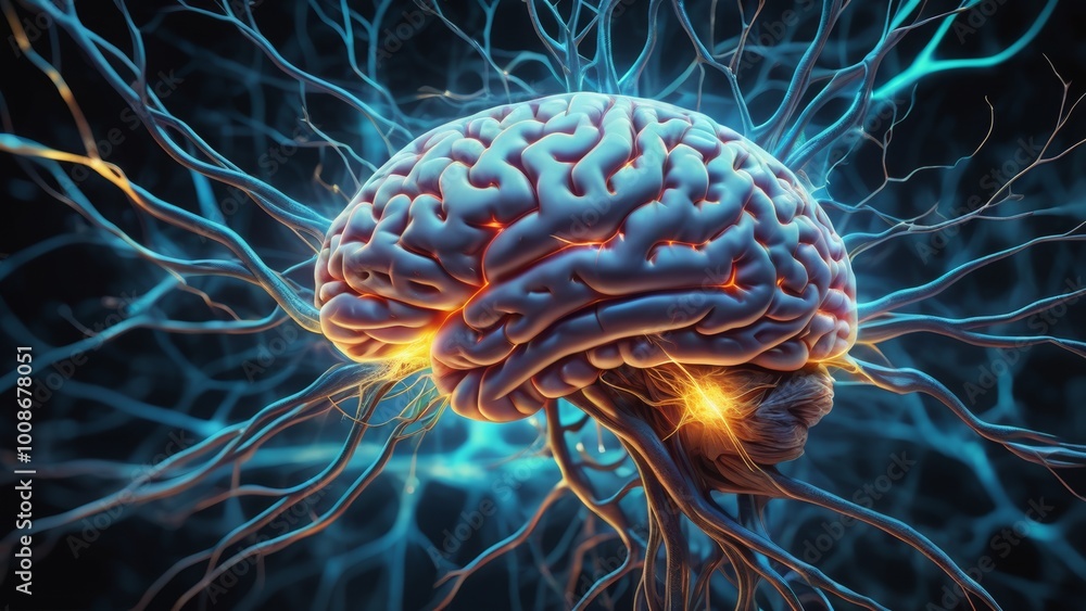 Neural connections come from the brain, dark background Conceptual photo of modern technology and medicine. Image created using AI technology Neural connections come from the brain, dark background Conceptual photo of modern technology and medicine. Image created using AI technology