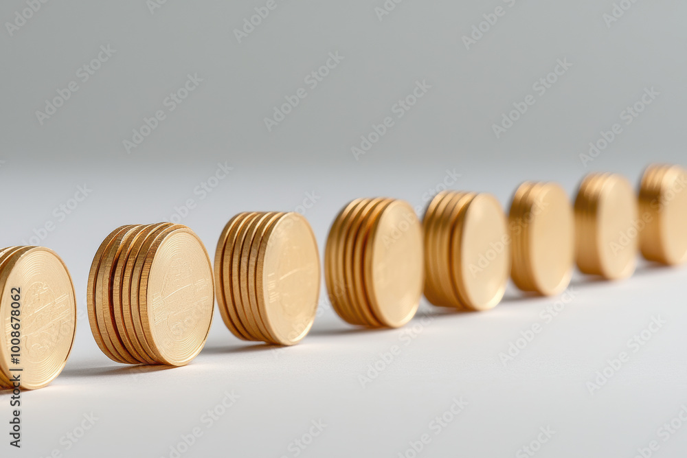 Golden coins stacked in row symbolize financial growth and prosperity, representing path to financial freedom. arrangement highlights importance of saving and investment Golden coins stacked in row symbolize financial growth and prosperity, representing path to financial freedom. arrangement highlights importance of saving and investment