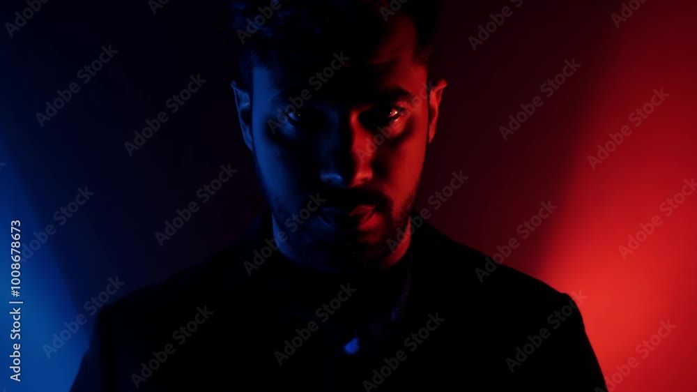 Moody portrait of a man in dynamic red and blue lighting Moody portrait of a man in dynamic red and blue lighting