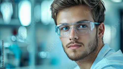 Electronics engineer testing a prototype device, wearing safety glasses, modern lab environment with advanced testing equipment