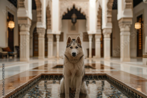 A beautiful dog inside a huge aristocratic palace generative AI photo