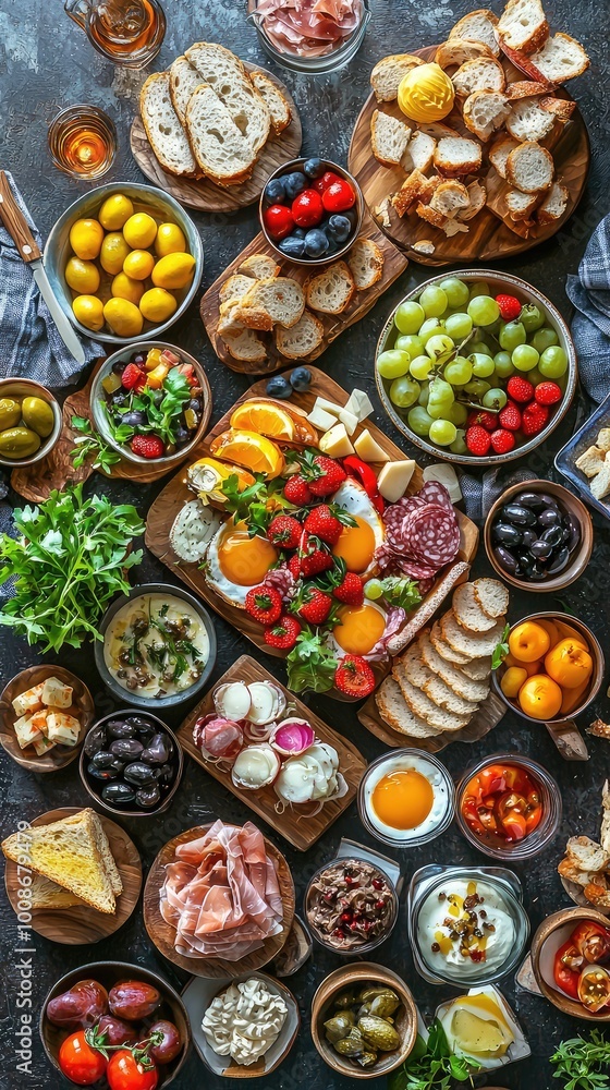 A vibrant spread of fresh fruits, vegetables, cheeses, and meats arranged artfully on a rustic wooden table. A vibrant spread of fresh fruits, vegetables, cheeses, and meats arranged artfully on a rustic wooden table.