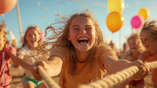 A group of children energetically playing tug-of-war with bright smiles, vibrant balloons in the background, capturing the essence of joy and childhood fun. photo