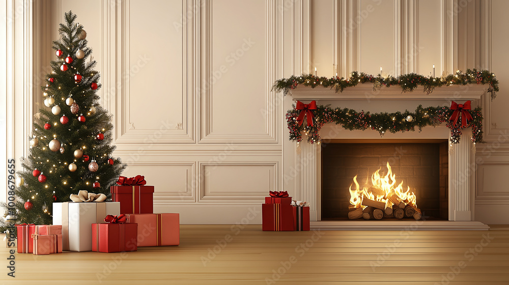 Holiday able with christmas tree and fireplace with copy space Holiday able with christmas tree and fireplace with copy space