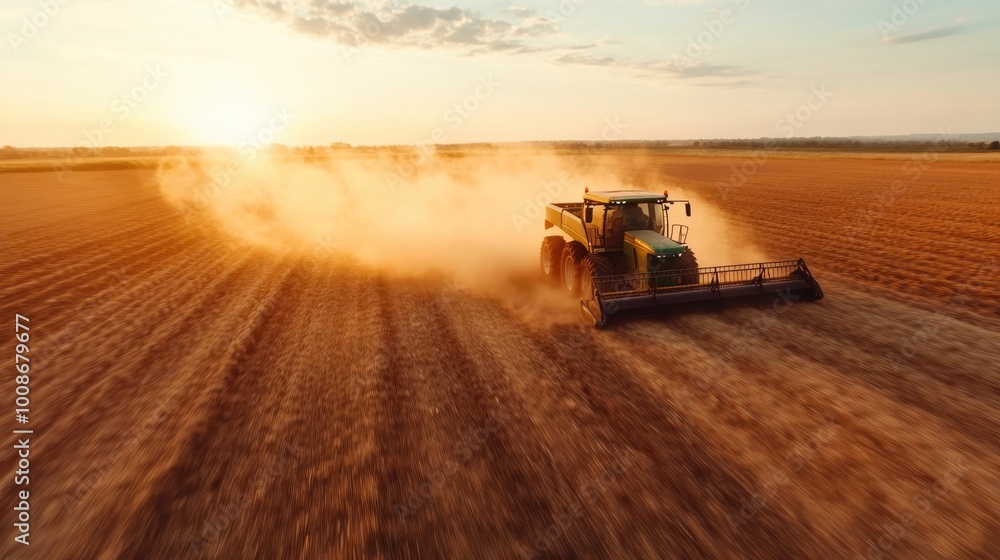 A large green harvester works in a sprawling wheat field during sunset, depicting the timeless beauty and productivity of agriculture in a serene setting. A large green harvester works in a sprawling wheat field during sunset, depicting the timeless beauty and productivity of agriculture in a serene setting.