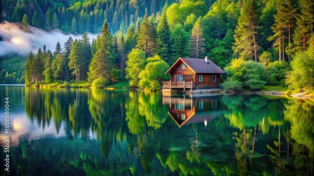 Fototapeta premium Serene Watercolor Cabin Surrounded by Lush Nature and Tranquil Reflections in a Still Lake Scene