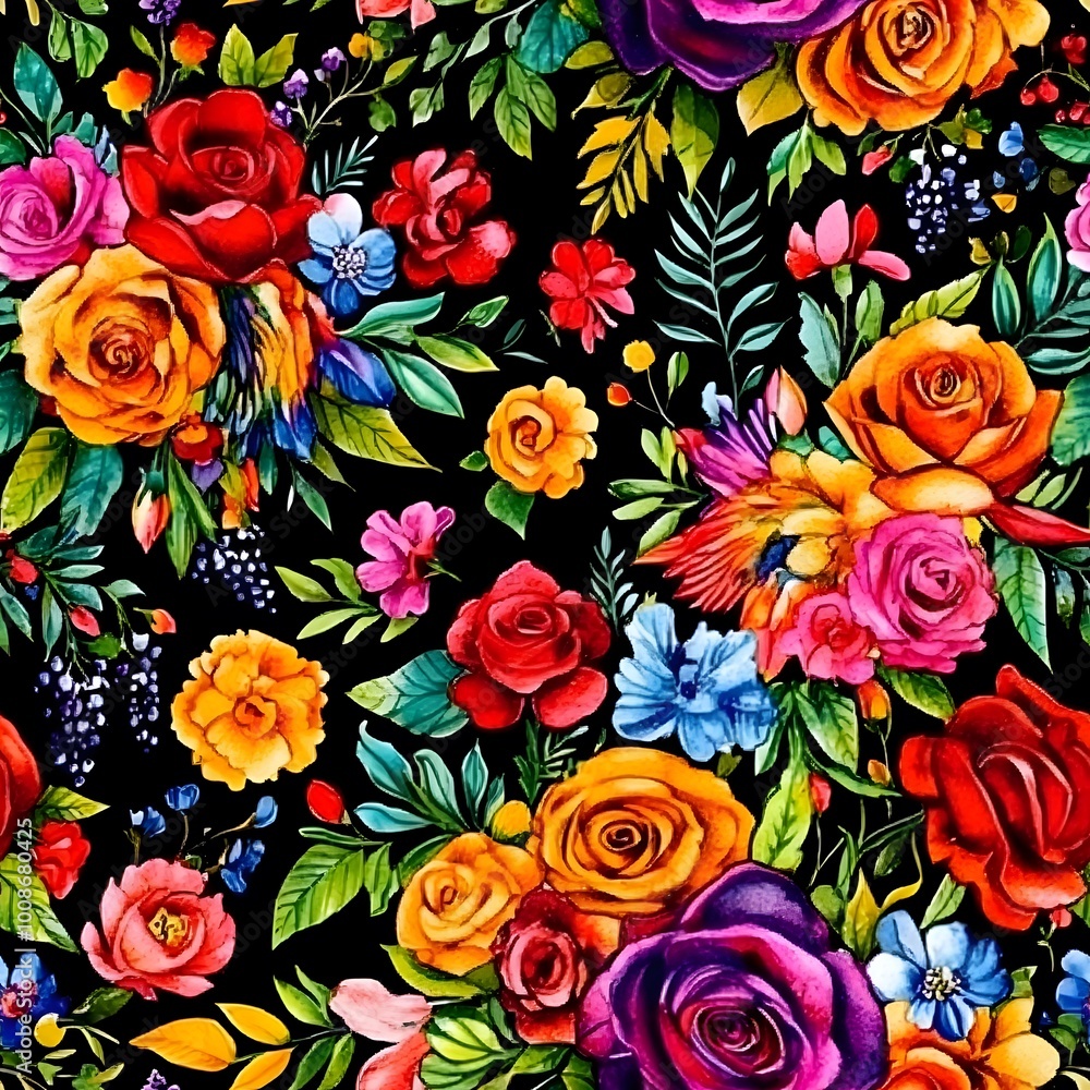 Fototapeta premium Watercolor Floral Pattern Colorful Roses and Flowers on Black Background