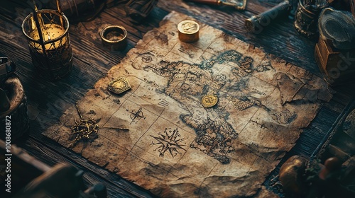 A vintage treasure map displayed on a rustic wooden table, showcasing intricate details and ancient symbols, inviting adventurous exploration. photo