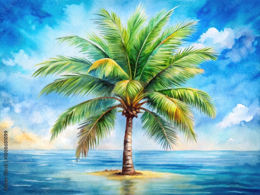 Serene Watercolor Illustration of a Palm Tree Against a Soft Blue Background for Tropical Themes Serene Watercolor Illustration of a Palm Tree Against a Soft Blue Background for Tropical Themes