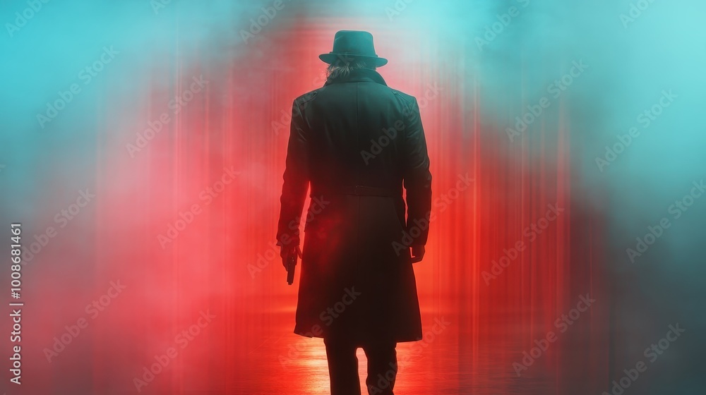 A mysterious figure in a hat and coat, silhouetted against a vibrant red background with striking blue light, evokes themes of intrigue and suspense. A mysterious figure in a hat and coat, silhouetted against a vibrant red background with striking blue light, evokes themes of intrigue and suspense.