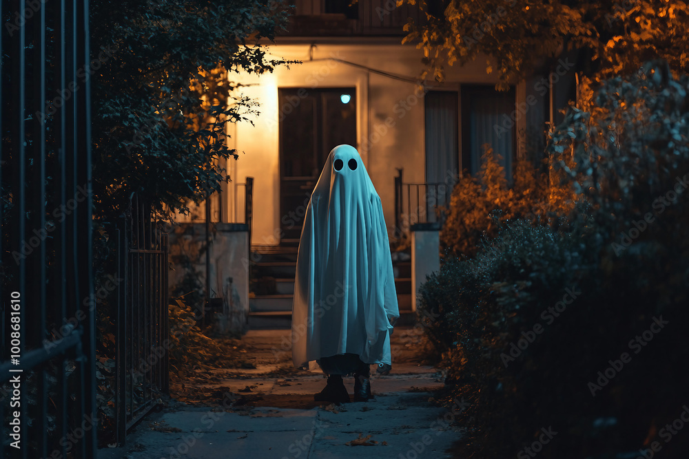 Funny people kids animals wearing halloween ghost costume celebrating, Generative AI Funny people kids animals wearing halloween ghost costume celebrating, Generative AI