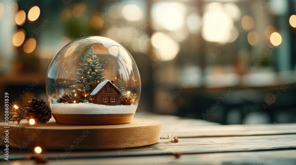 A beautiful snow globe highlights a festive cabin surrounded by soft snowy trees and fairy lights, with a magical and comforting view of holiday wonderland. A beautiful snow globe highlights a festive cabin surrounded by soft snowy trees and fairy lights, with a magical and comforting view of holiday wonderland.