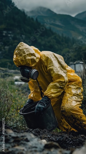 A worker in a yellow rain suit and gas mask collects samples in a rugged outdoor environment, emphasizing environmental safety. photo