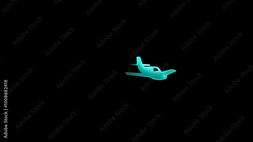 Glowing neon cyan color Airplane icon flying animation on black background Glowing neon cyan color Airplane icon flying animation on black background