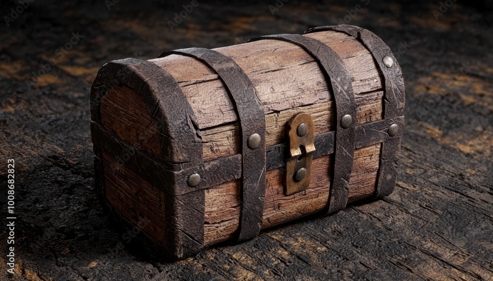 Old pirates treasure chest design concept, with wooden and leather textures for a game or book cover.
