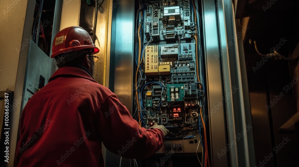 Electrician Working on Elevator Control Panel