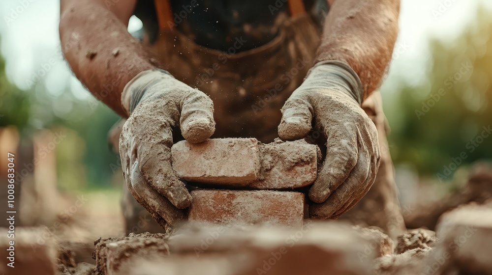 This image features a construction worker meticulously aligning bricks, showcasing the skill and attention to detail needed in the craft of construction and masonry. This image features a construction worker meticulously aligning bricks, showcasing the skill and attention to detail needed in the craft of construction and masonry.