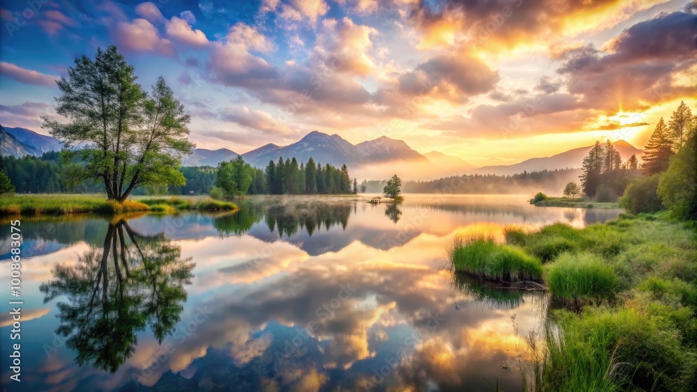 Fototapeta premium Serene Watercolor Landscape with Soft Pastel Colors Depicting Natureâ€™s Tranquility and Beauty