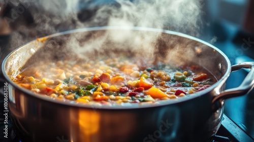 Steaming Vegetable Soup in Stainless Steel Pot