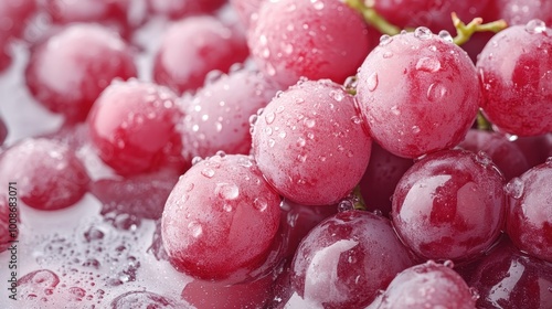 A vivid close-up photograph of fresh, red grapes with water droplets glistening on their surface, capturing the texture and juiciness of the fruits in striking detail.