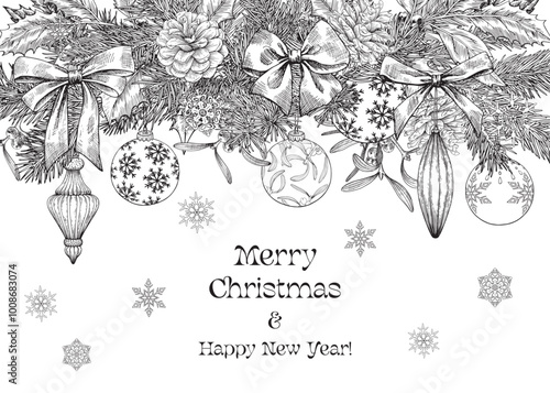 Vintage Christmas and happy new year background with bows, toys fir twigs pine cone holly mistletoe balls. Black white Hand drawn Engraved vector illustration for design holiday decor, card, poster