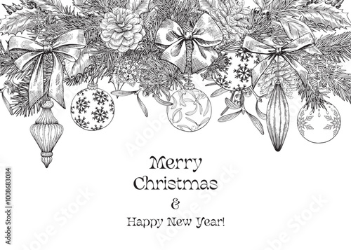 Engraved Vintage Christmas and happy new year background with bows, toys fir twigs pine cone holly mistletoe balls. Black white Hand drawn vector illustration for design holiday decor, card, poster
