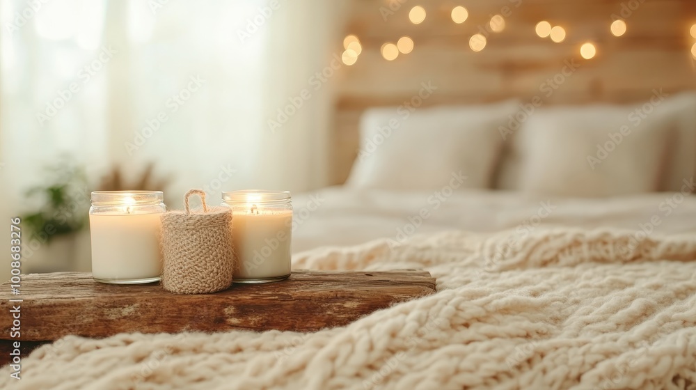 A knitted blanket spread out under a set of lit candles on a wooden surface, creating a warm and inviting atmosphere in a softly lit, cozy bedroom setting. A knitted blanket spread out under a set of lit candles on a wooden surface, creating a warm and inviting atmosphere in a softly lit, cozy bedroom setting.