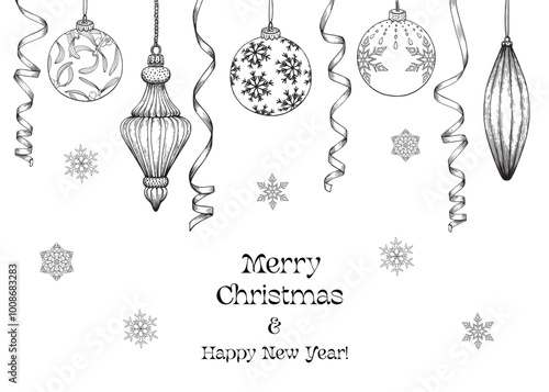 Vintage Vector illustration Merry Christmas and Happy new year with hang balls, toys, ribbons, snowflakes. Black white Hand drawn background for design holiday decor, decoration, greeting card, poster