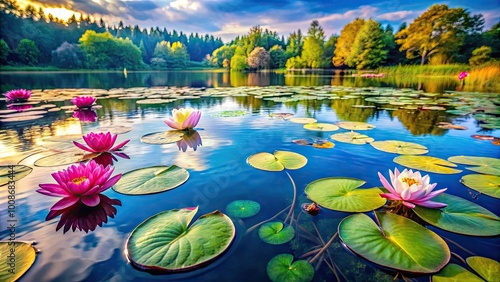 Serene Watercolor Lily Pads in Tranquil Waters Creating a Peaceful Natural Landscape Scene photo