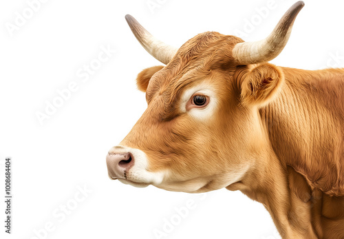 side view portrait of a golden brown cow with detailed fur texture on isolated background, high-resolution close-up of cow's face with horns and lifelike fur, animal stock photo for farming and agricu photo