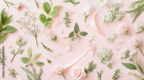 A beautiful arrangement of fresh flowers and greens on a soft pink background, perfect for spring celebrations and decorations