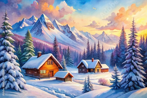 Serene Watercolor Paintings of Winter Landscapes Featuring Snowy Trees, Mountains, and Cozy Cabins