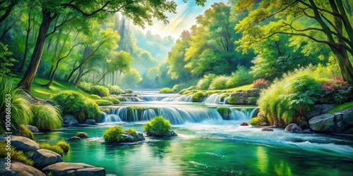 Serene Watercolor Sketch of Nature's Beauty Featuring Lush Greenery and Gentle Flowing Water