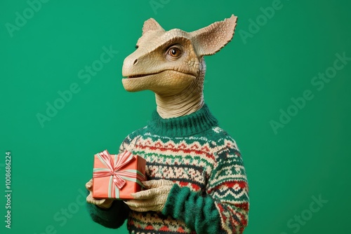 Christmas dinosaur parasaurolophus wearing festive sweater holding gift photo