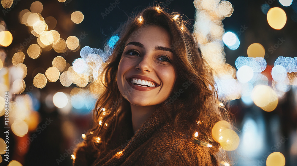 smiling happy woman having a fun time in Christmas market, using Christmas lights in urban city